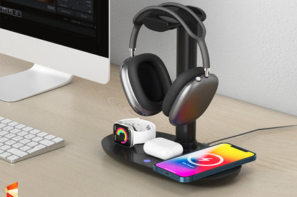 Wireless Charging Station 4-in-1 Qi Fast Charger Charging Dock Stand for iPhone Samsung Galaxy -Black