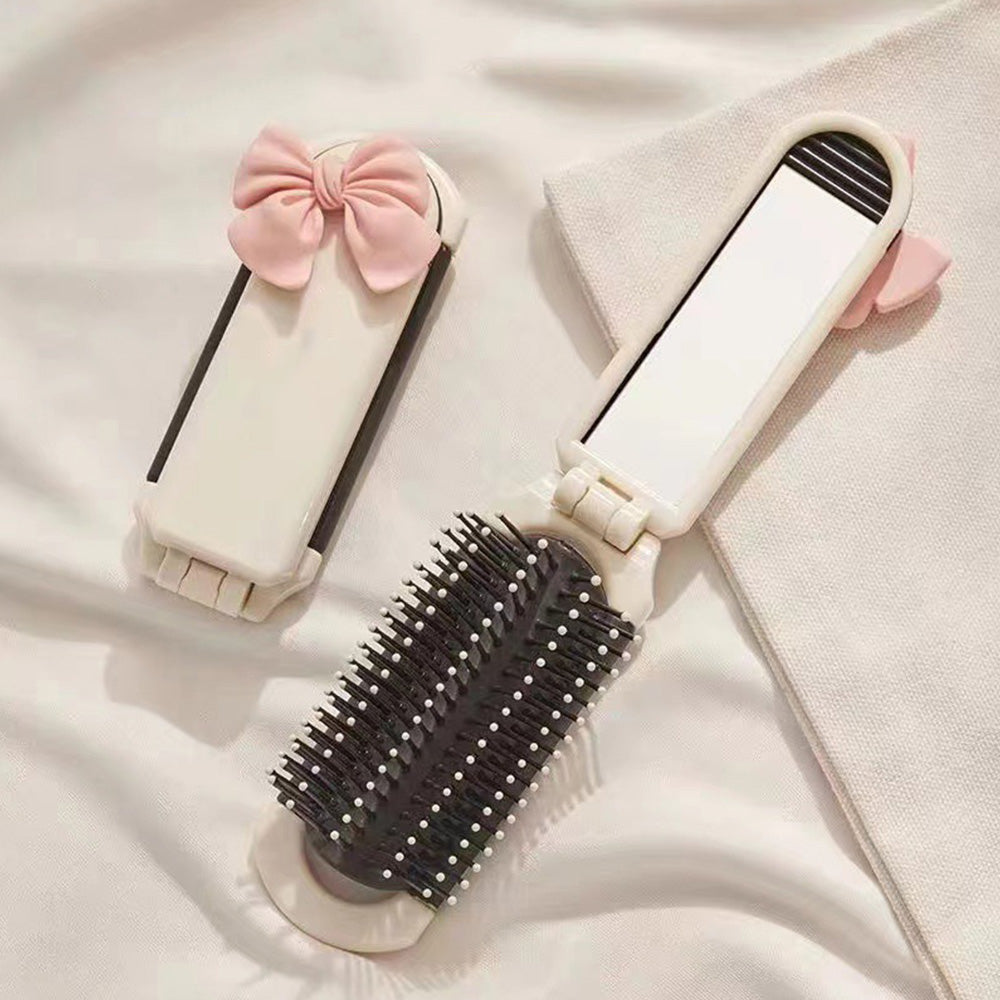 2Pcs Folding Hair Brush with Detachable Makeup Mirror Portable for Travel-Beige