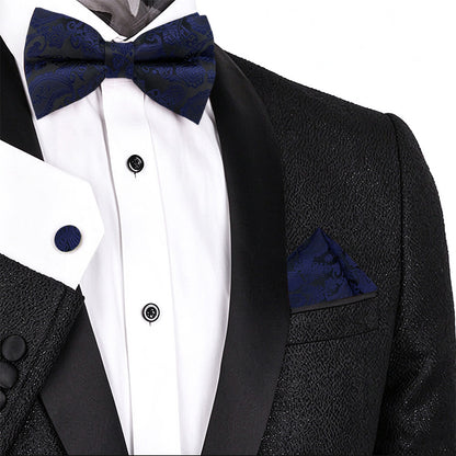 4 Piece Mens Jacquard Pre Tied Bow Tie Pocket Square and Cufflink Set - Dark Blue