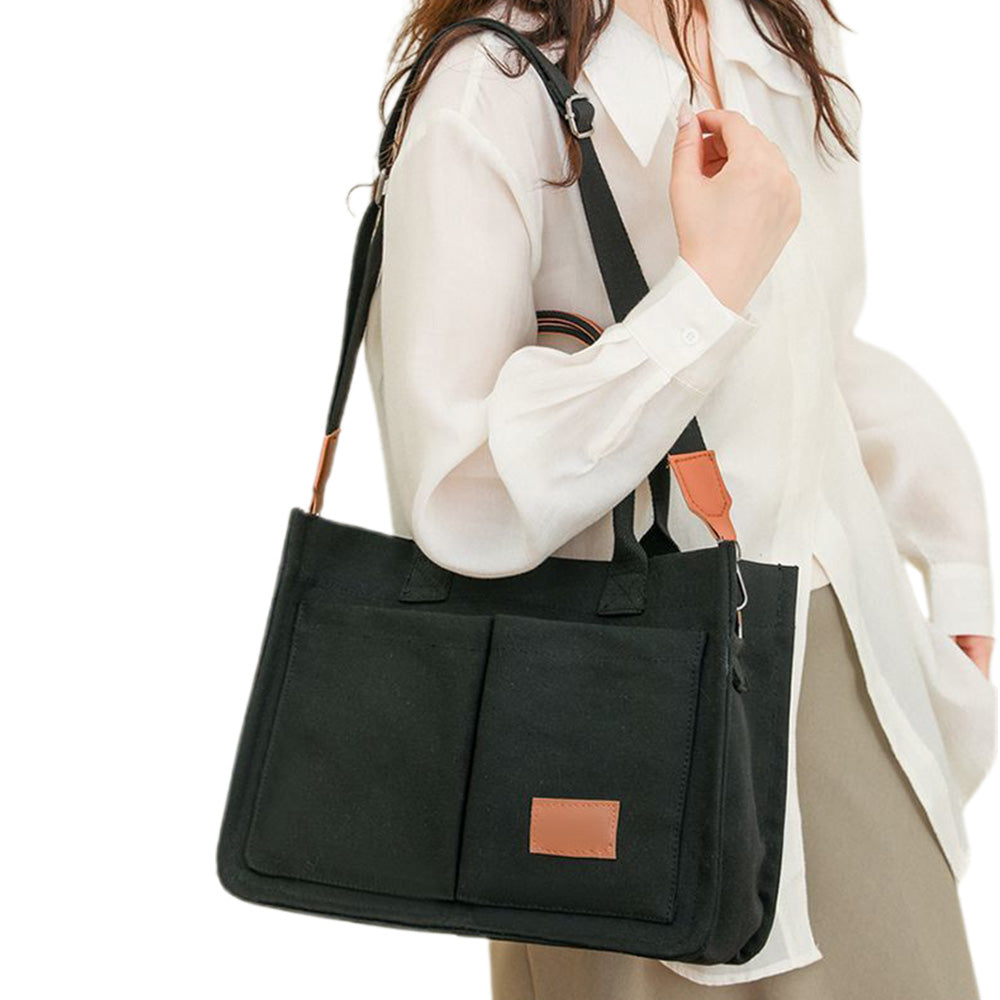 Canvas Tote Bag with Laptop Compartment Multi-Pocket Crossbody for Women Black