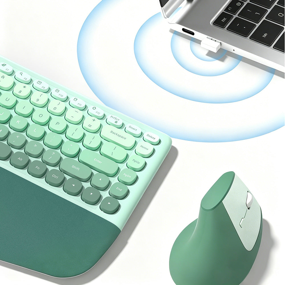 2.4G Wireless Keyboard and Mouse Set with Ergonomic Design 84 Key Keyboard and 6 Button Mouse-Green