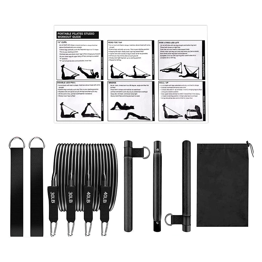 Multifunctional Pilates Bar Kit with Resistance Bands Portable Home Gym Core Strength Training Exercise Accessories Black