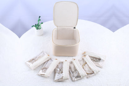 Travel Jewelry Case Small Jewelry Box with 6 Transparent Zipper Pockets-Beige