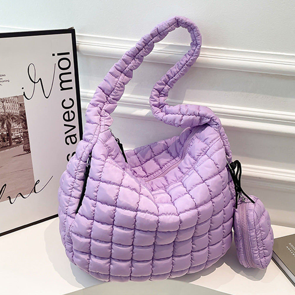Puffer Tote Bag Quilted Puffy Crossbody Carryall Handbag Purple