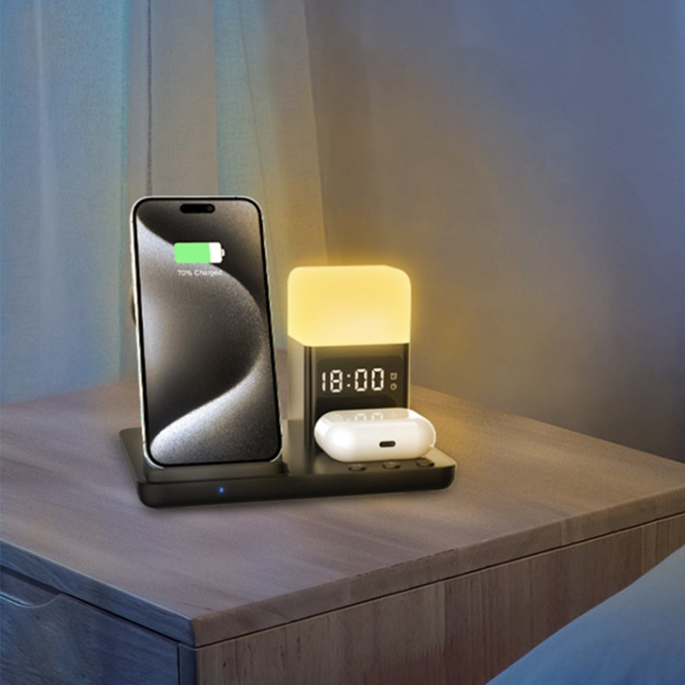 6-in-1 Wireless Charging Station for Multiple Devices with Alarm Clock and Night Light for Apple Devices