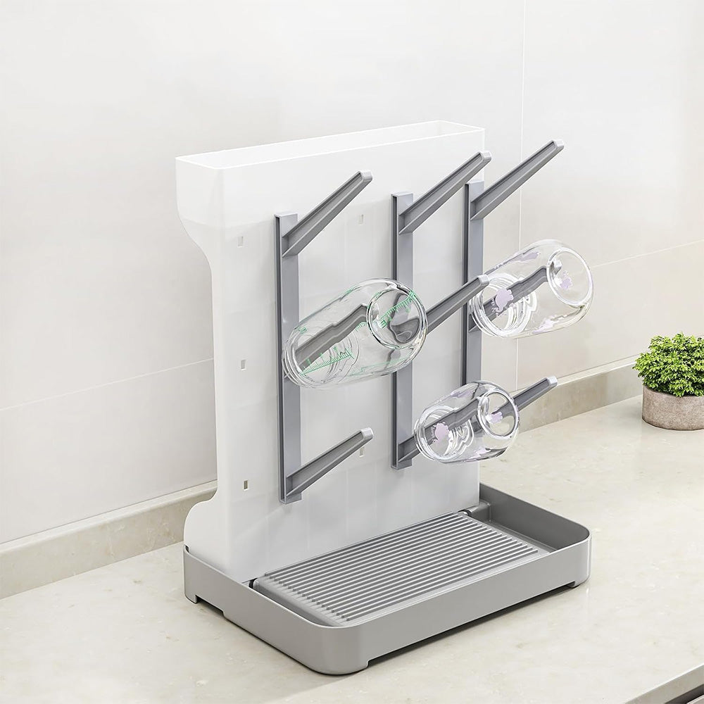 Detachable Bottle Drying Rack for 12 Bottles Space Saving Countertop Vertical Rack with Brushes Holder Grey