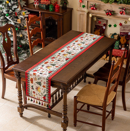 Christmas Jacquard Table Runner with Tassels - Beige