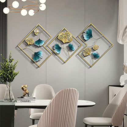 3 Pcs Set Ginkgo Leaf Sculpture Decor Metal Leaf Wall Art Ornaments Wall Hanging Decor Light Blue