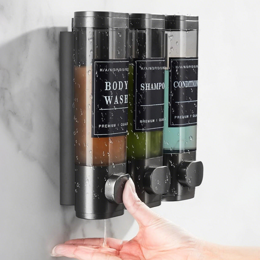 No-Drill Wall-Mounted Triple Soap Dispenser for Bathroom Shampoo Conditioner