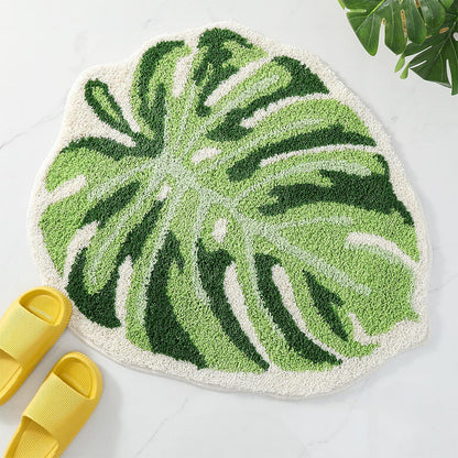 Faux Sherpa Bathroom Mat Monstera Leaf Design Non Slip Washable Rug for Bathroom Floor