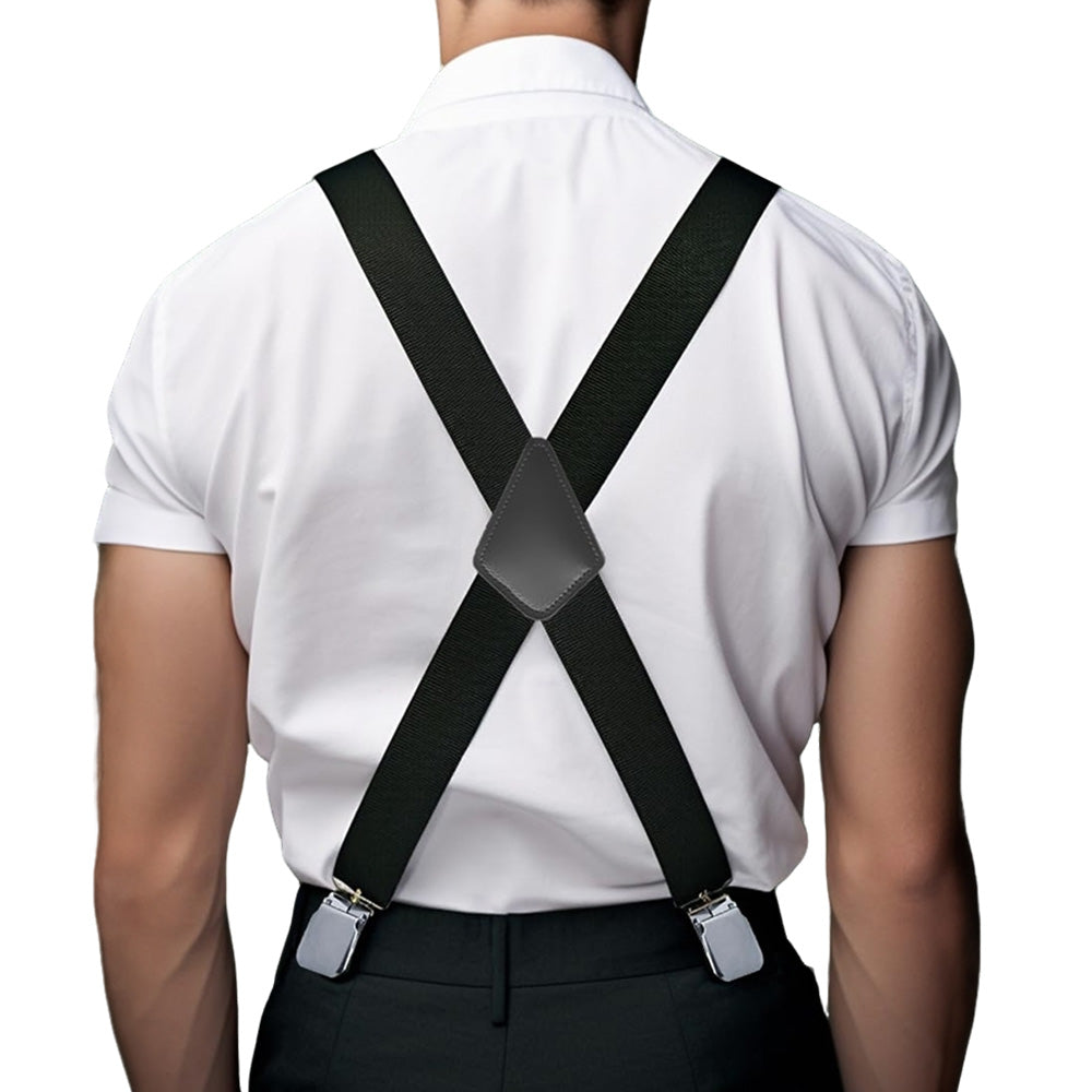 Mens X Back Elastic Suspenders with 4 Metal Clips - Black
