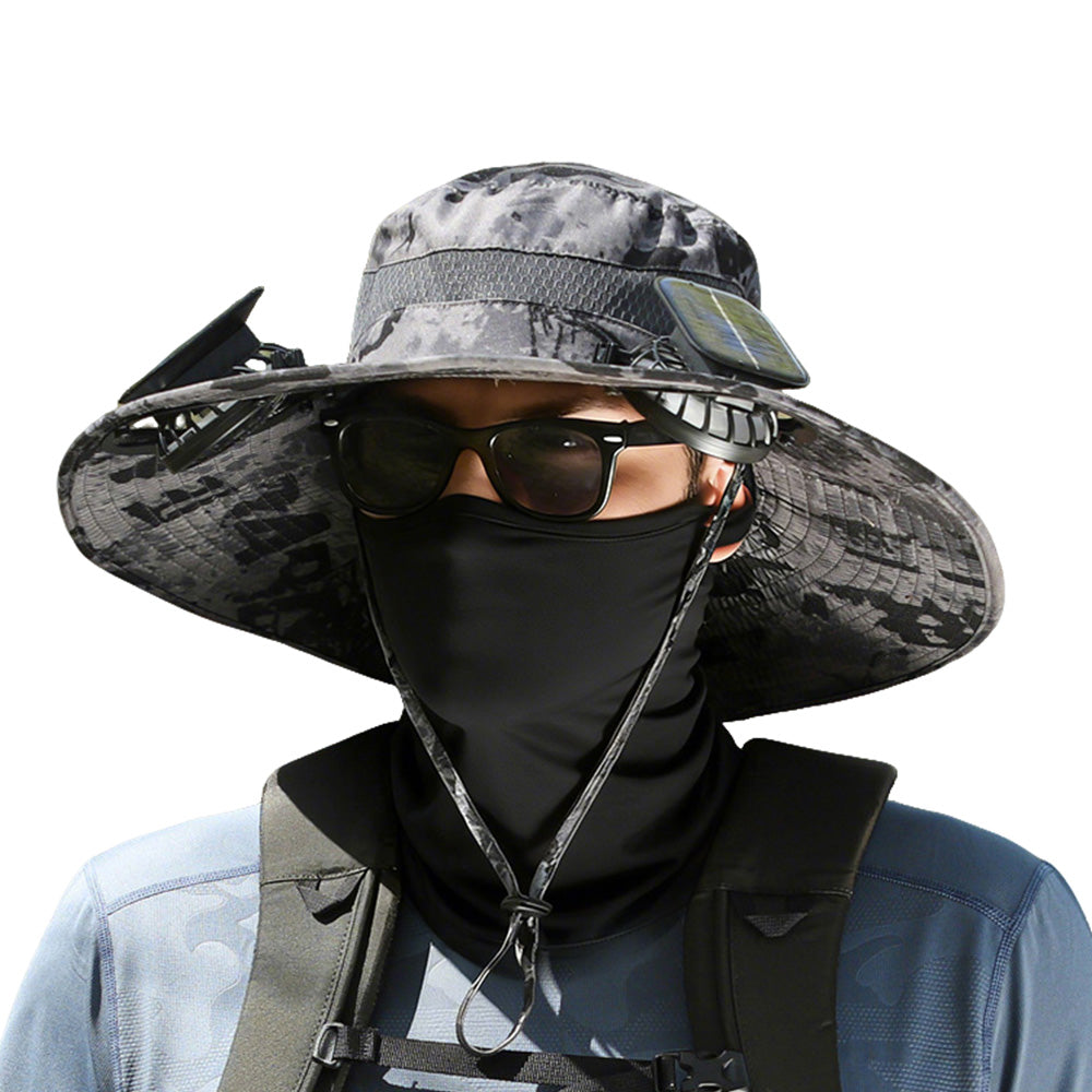 Wide Brim Sun Hat with Fans Solar Power UPF 50+ Bucket Fishing and Beach Hat-Grey