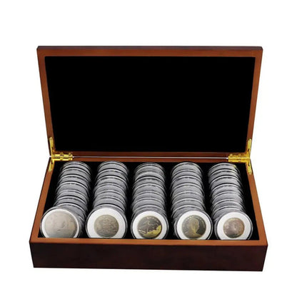 50PCS Coin Capsules Storage Box with Wooden Case Holder Collection Display Organizer