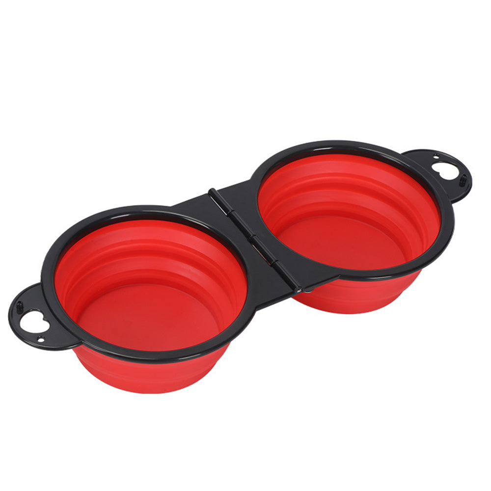 Portable Foldable Dual Pet Bowls for Cats Dogs Outdoor Home Use - Red