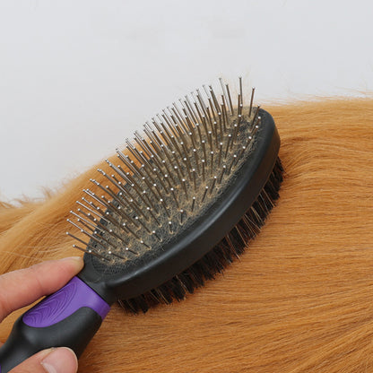 2 Pack Pet Grooming Brush Set Deshedding Double Sided Comb Massage Brush for Cats Dogs Horses-Purple