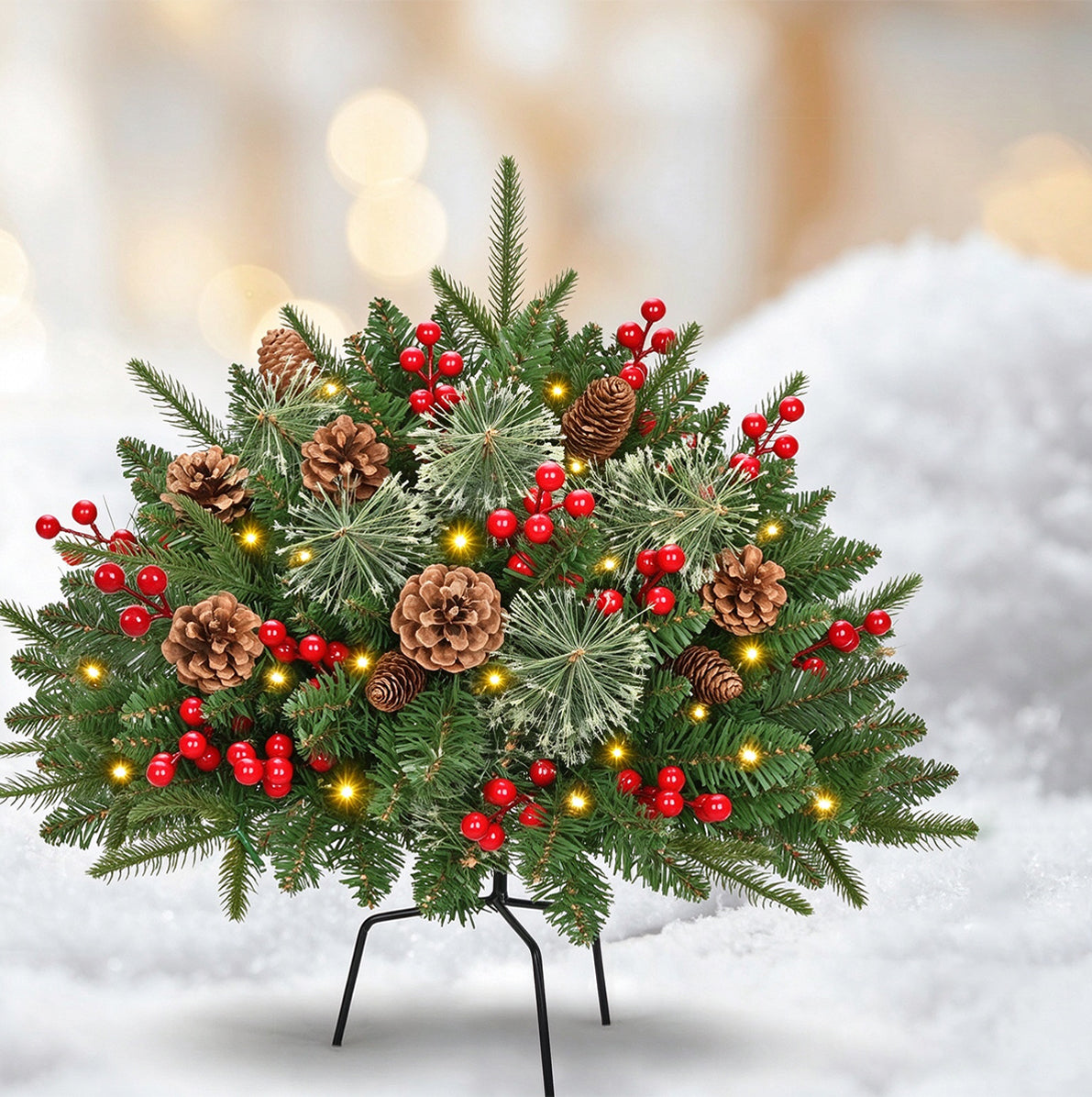 Battery Lit Artificial Pine Christmas Planter Stake for Outdoor Decor