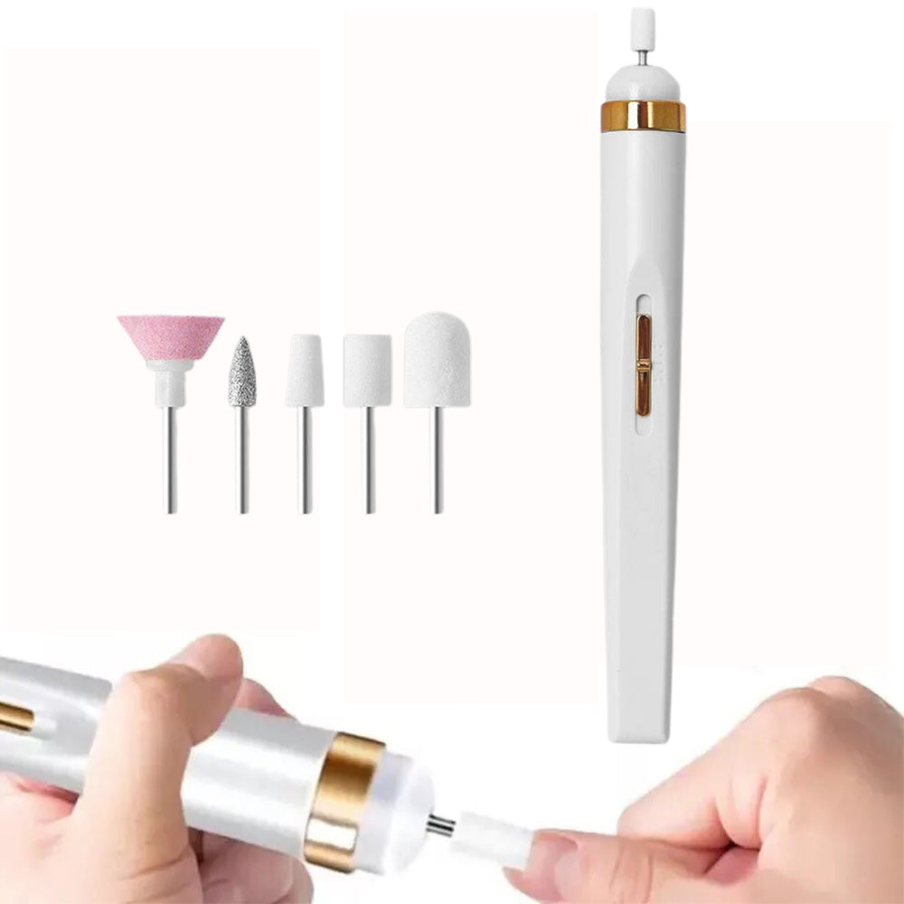 Portable USB Electric Nail File Drill Pen with 5 Grinding Heads - White