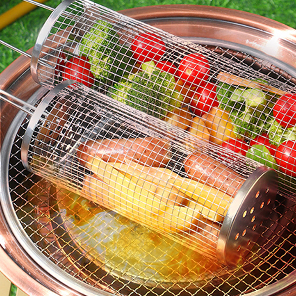 2 Pieces Rolling Grill Basket Locking Lid Stainless Steel BBQ Cage
