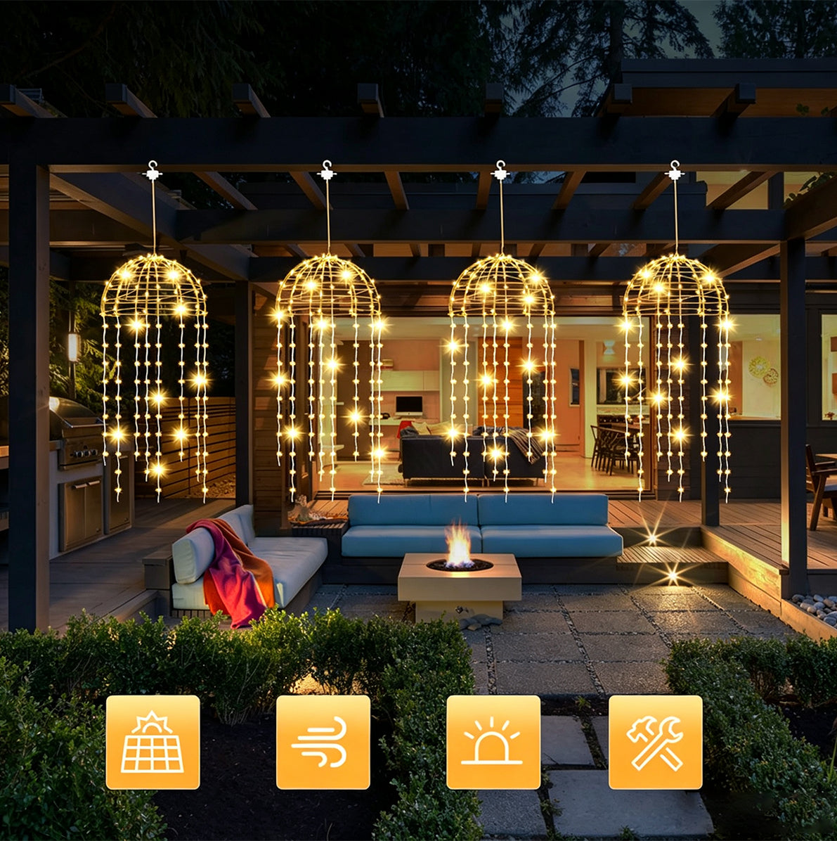 4 Pack Solar Hanging Jellyfish Lights with 256 LEDs and 8 Modes - Warm Light