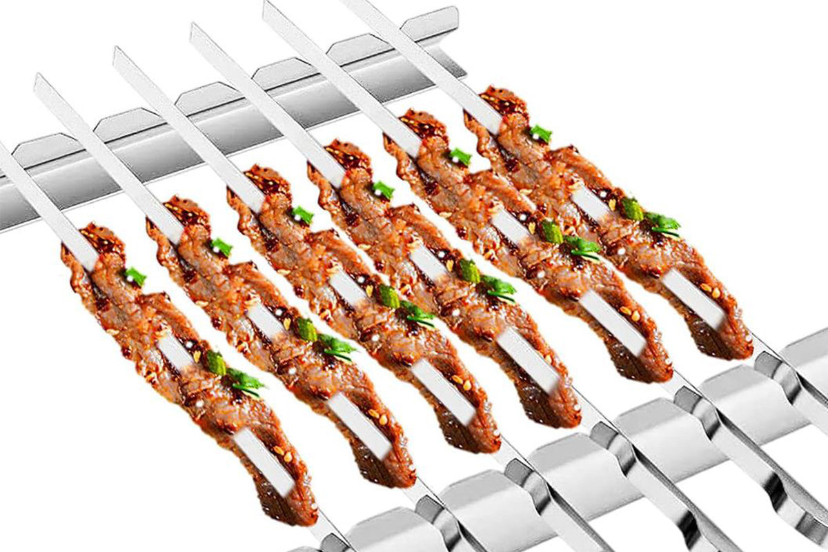 6Pcs Stainless Steel BBQ Skewer Rack Set with 2Pcs Holders for Meat and Vegetables