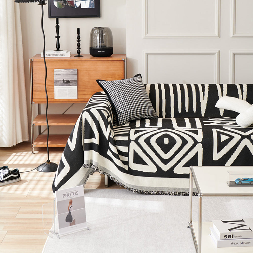 Boho Couch Cover Geometric Sofa Blanket Furniture Protector Black