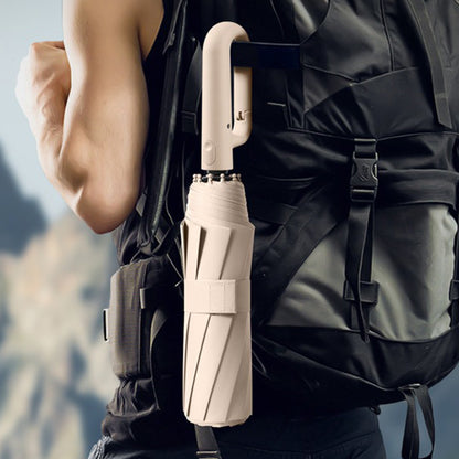 Auto Open Close Folding Umbrella Carabiner Handle Sun Shade Rain Umbrella Beige