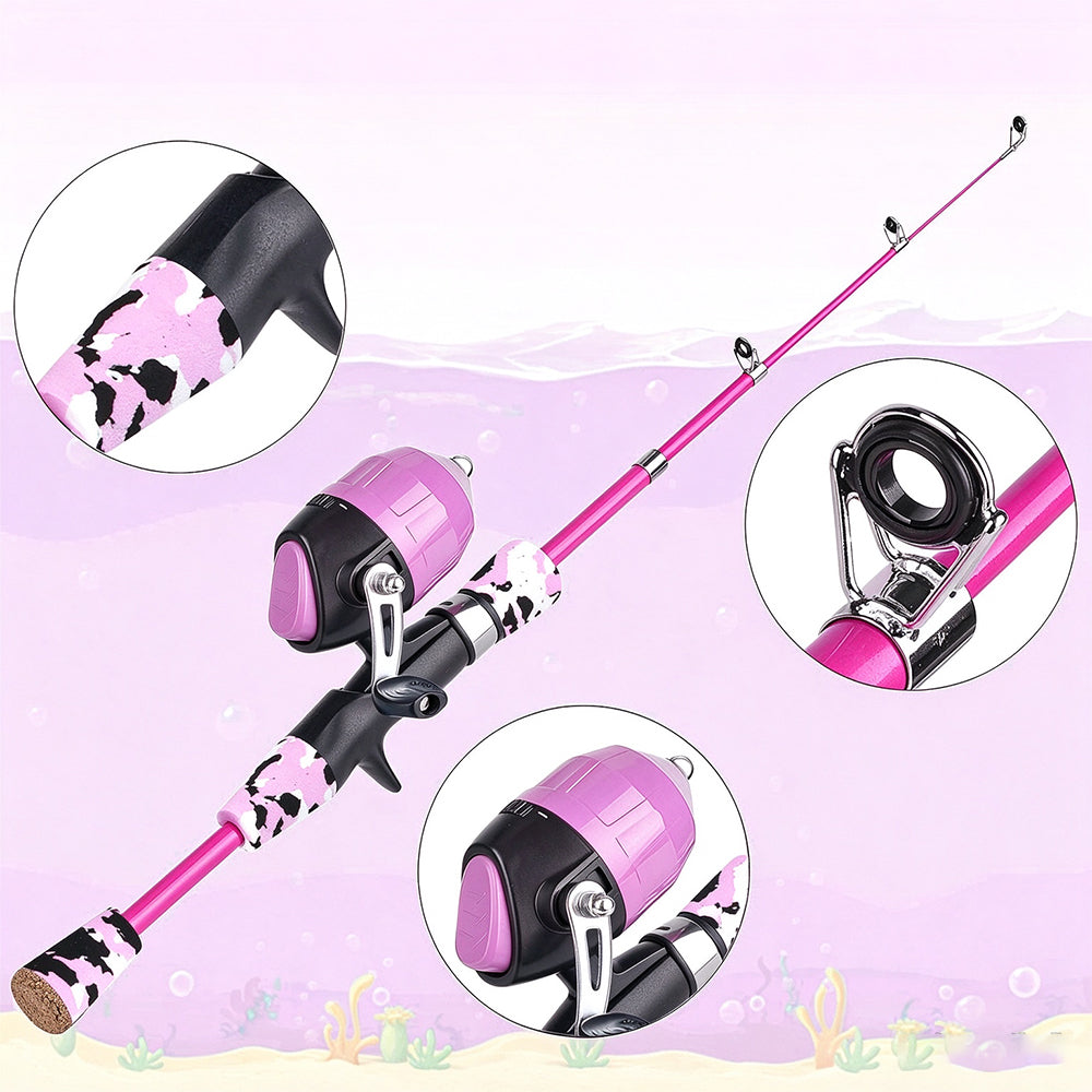 57Piece Set Telescopic Fishing Rod Kit for Beginner with Spinning Reel Lures - Pink