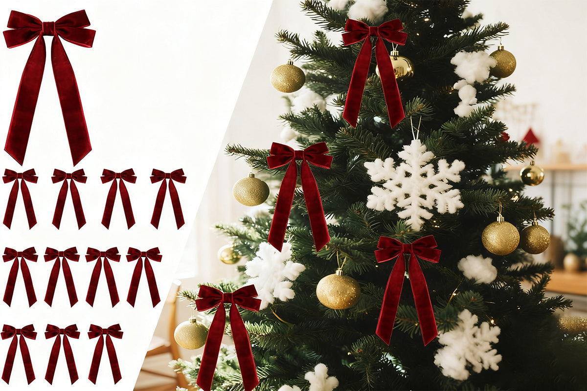12Pcs Velvet Ribbon Bows for Christmas Tree Vintage Rustic Craft Bows-Wine Red