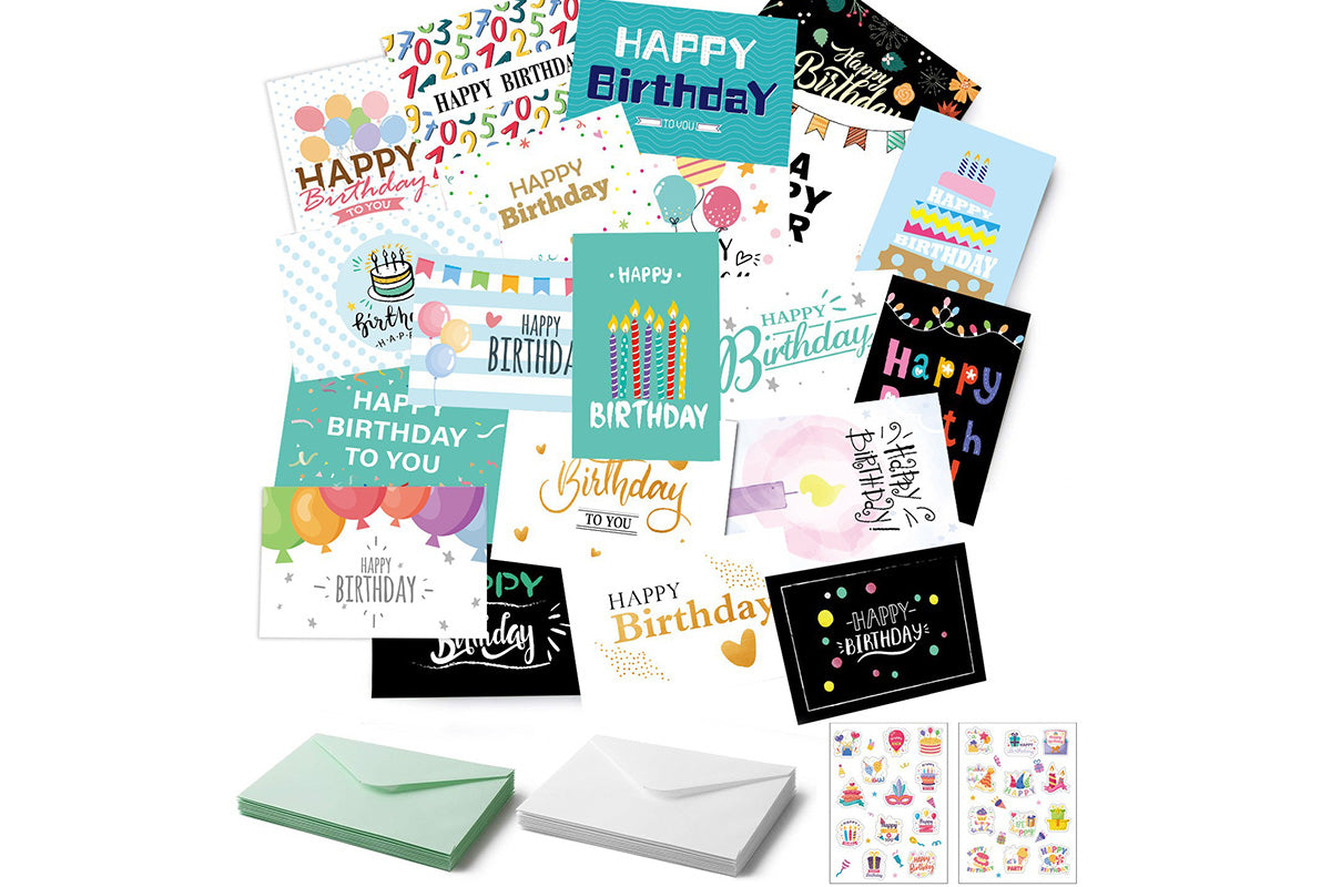 24 Piece Unique Happy Birthday Cards - Green Mixed Color
