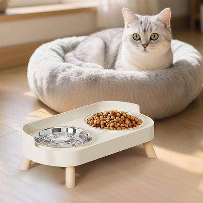 Elevated Double Stainless Steel Pet Food and Water Bowl Set-White