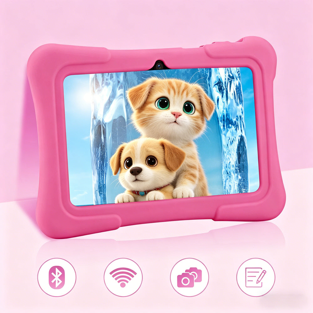 7 Inch Kids Tablet Android 10.0 Quad Core 16GB with Shockproof Silicone Case-Pink