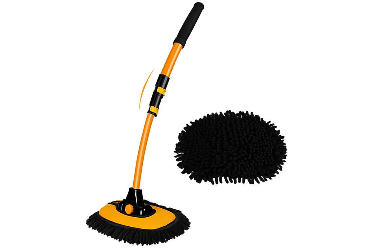 102cm Telescopic Adjustable Car Wash Mop Brush Kit with 15 Degree Curved Long Handle for Vehicle Cleaning -Yellow