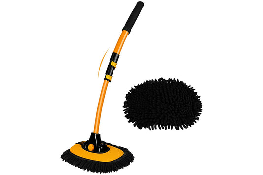 102cm Telescopic Adjustable Car Wash Mop Brush Kit with 15 Degree Curved Long Handle for Vehicle Cleaning -Yellow