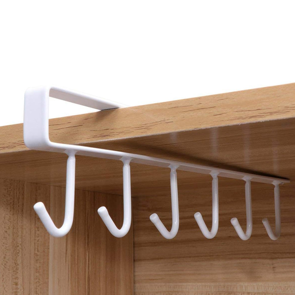 No-Drill Metal Hanging Rack ââ‚?6-Hook Organizer for Cabinets & Closets White