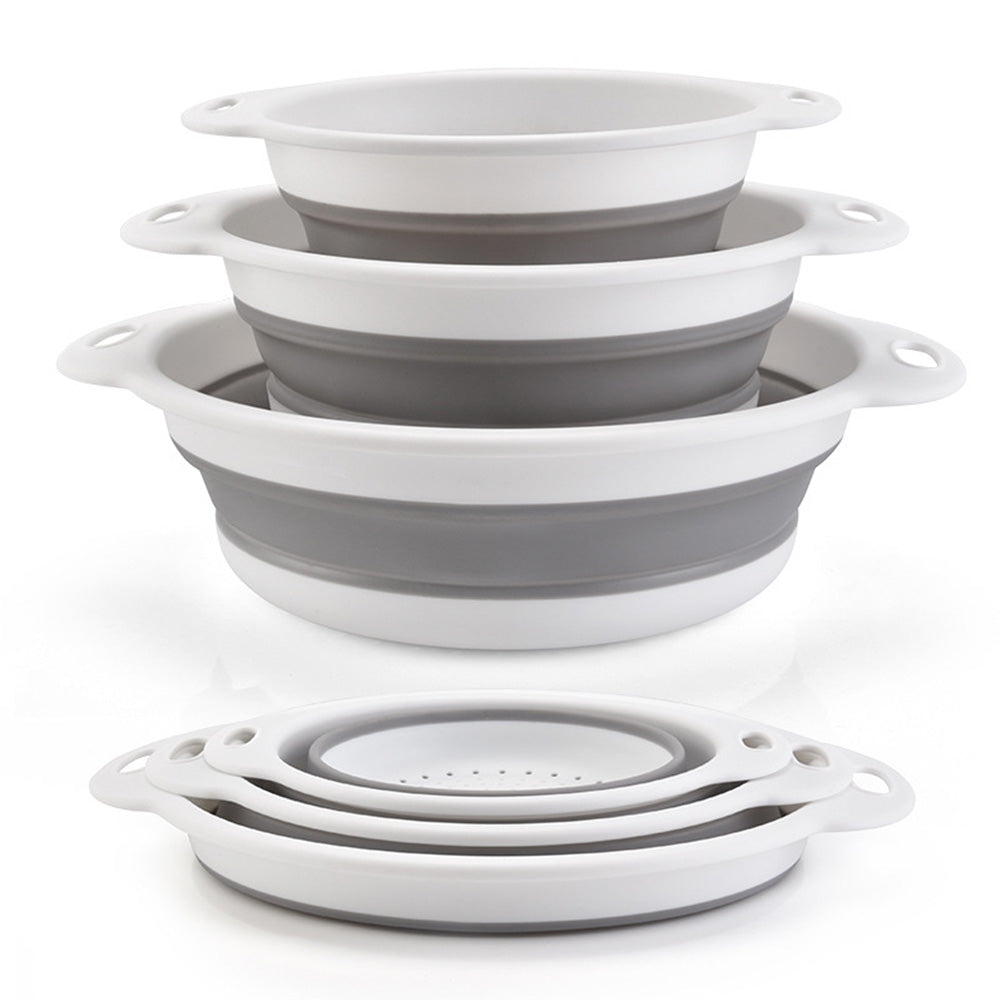3Pcs Set Foldable Colanders for Vegetables Fruit Draining Baskets with Base Grey