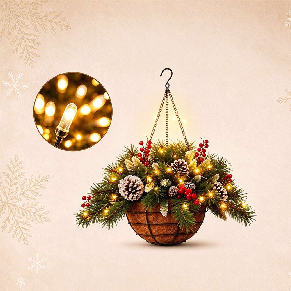 Pre-Lit Artificial Christmas Hanging Basket and Wreath LED Lights with Red Berries