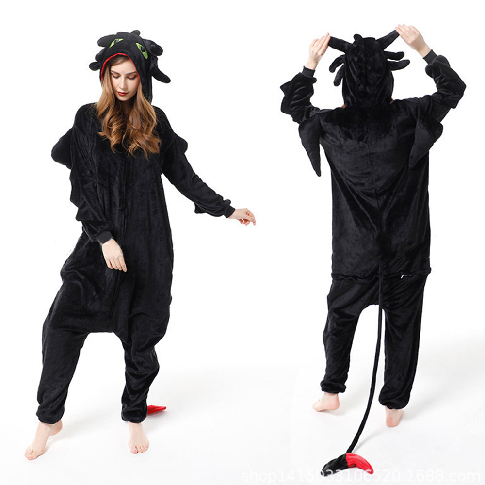 Adult Onesie Hoodie Animal Costume Pajamas Winter One-Piece Cosplay Sleepwear Black