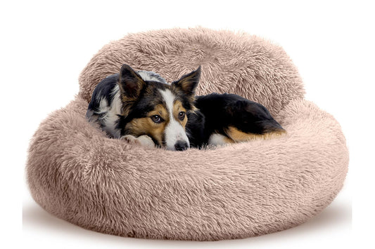 Calming Donut Dog Bed Anti-Slip Fluffy Plush Faux Fur Pet Bed for Most Dogs -Khaki