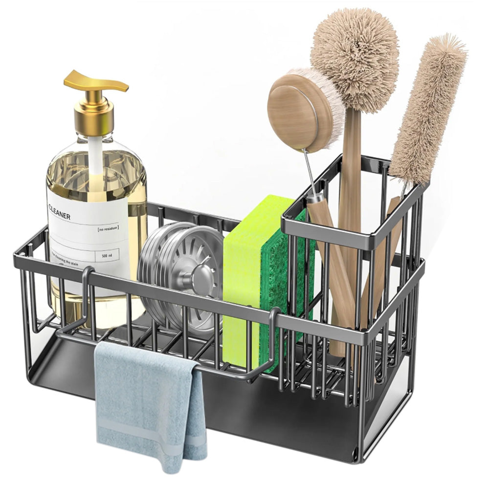 Multifunctional Carbon Steel Sink Caddy Sponge Brush Towel Organizer with Drip Tray