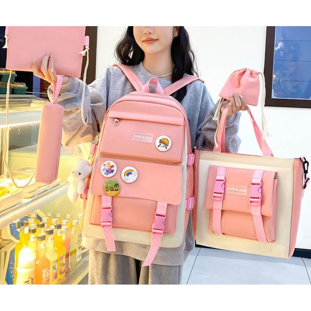 5Pcs Backpack Set for Girls with Tote Bag for Primary Elementary High School-Pink