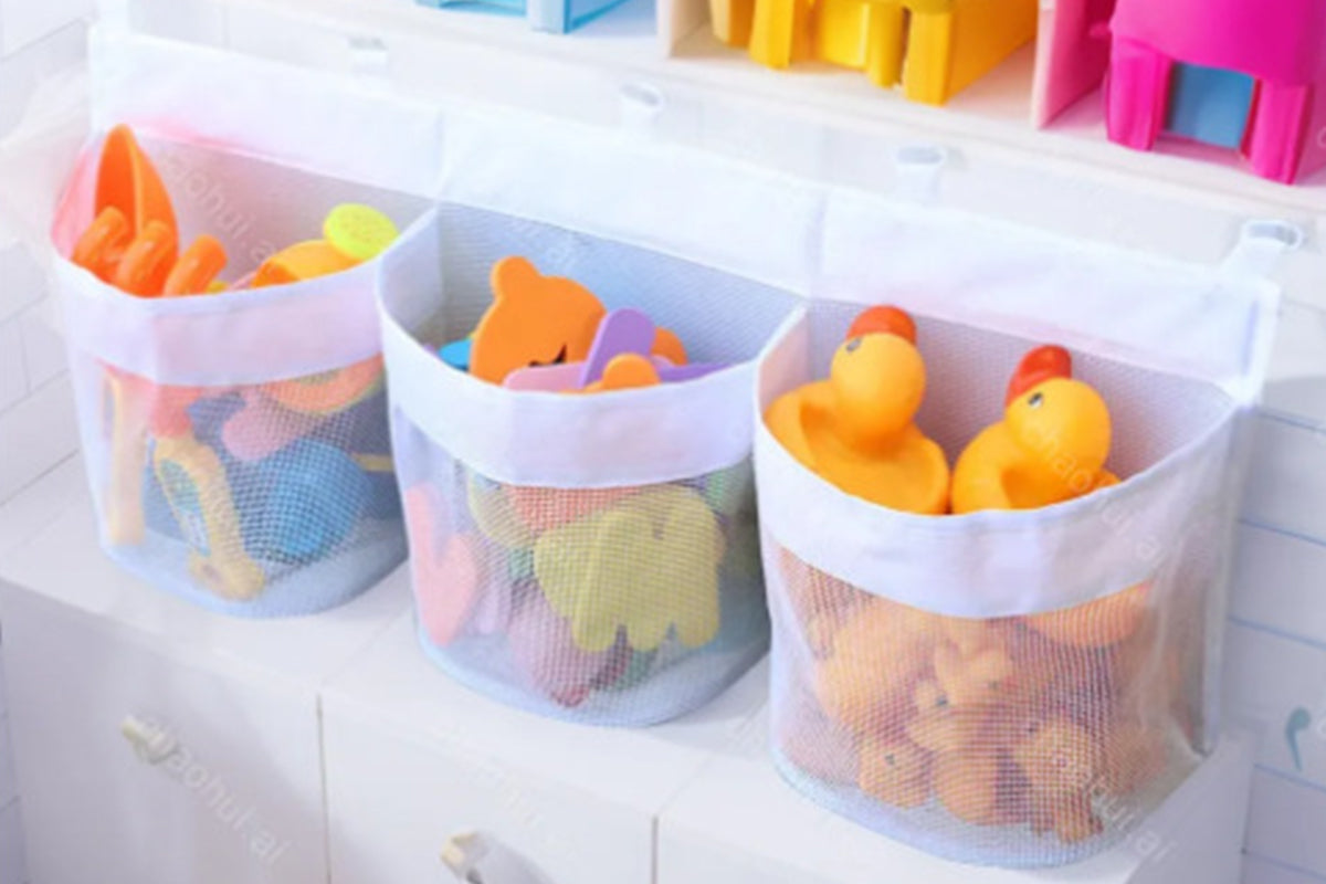 2Pcs 3 Compartment Horizontal Large Openings Bath Toy Organizer Hanging Mesh Shower Organizer