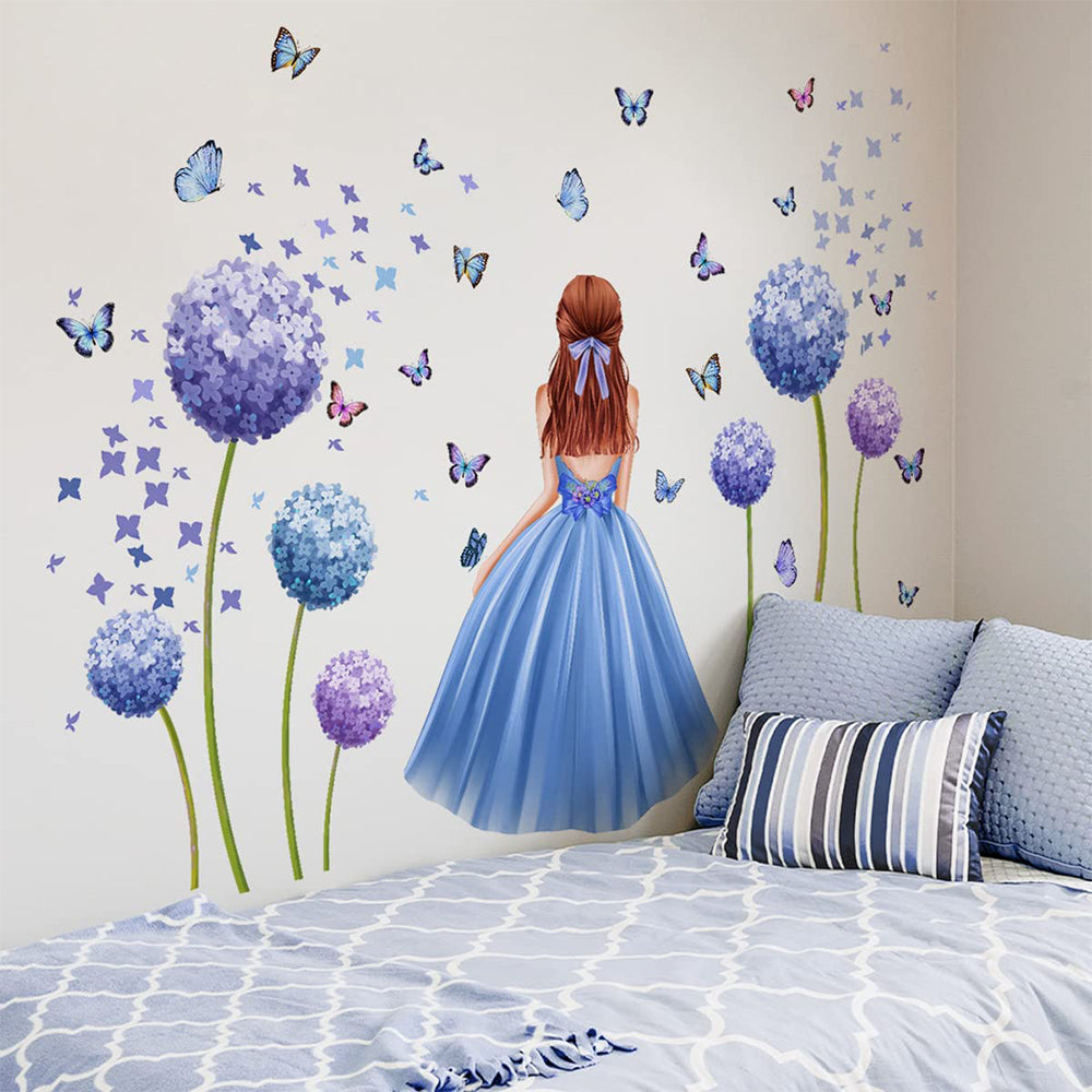 Girl Butterfly Wall Stickers Blue Flower Wall Decal