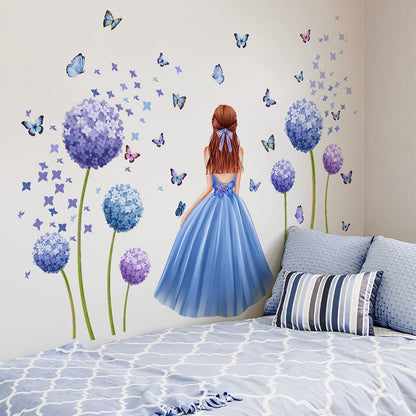 Girl Butterfly Wall Stickers Blue Flower Wall Decal