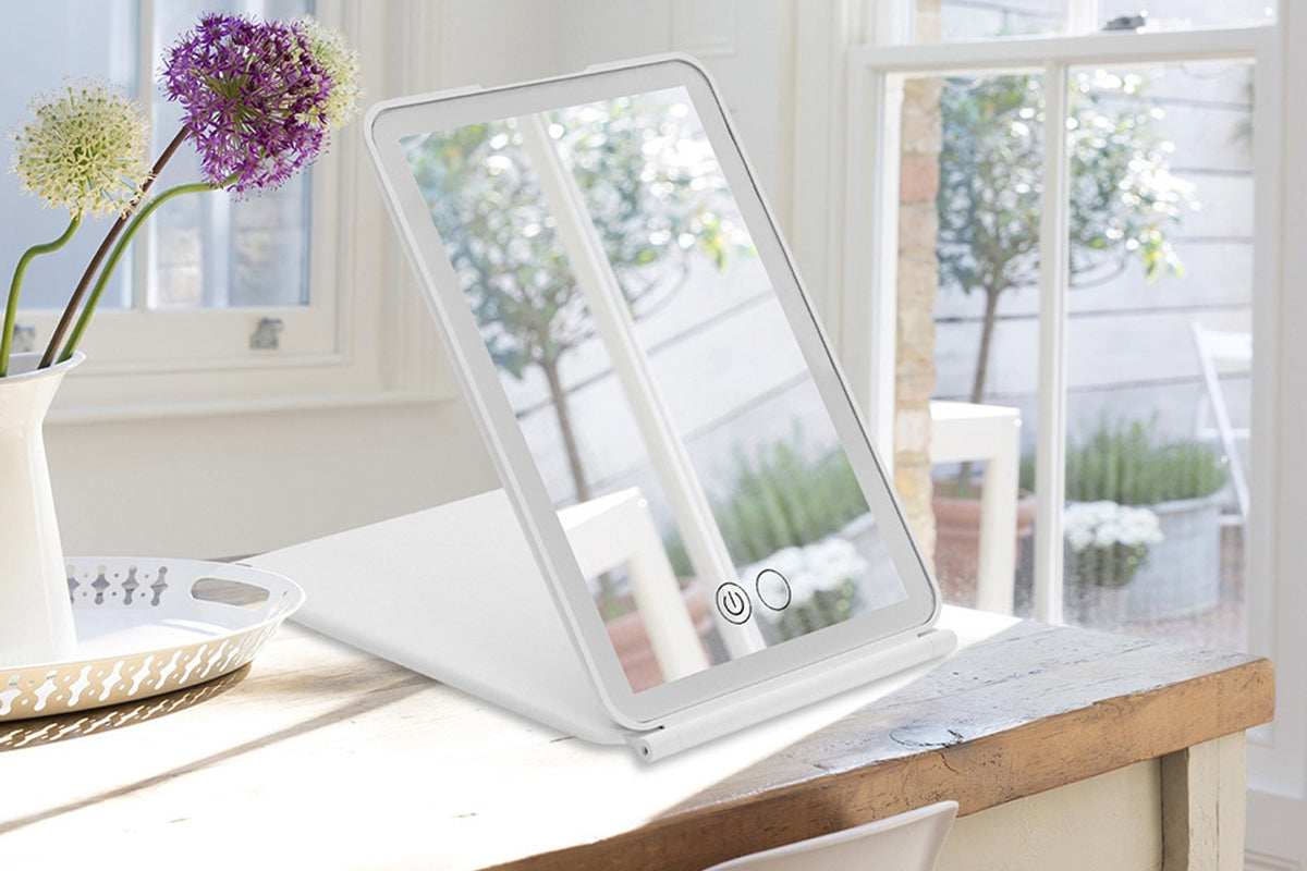 Touch Screen Makeup Mirror USB Rechargeable Cosmetic Mirror Portable Make Up Mirrors LED Mirror-White