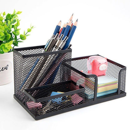 3 Compartment Mesh Pen Holder Desk Organizer Metal Office Supply Storage for Home School-Black
