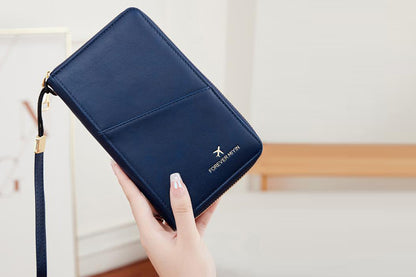 RFID Blocking Passport Wallet PU Document Organizer with Wristlet for Women -Blue
