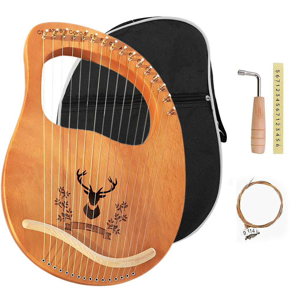 Lyre Harp 16 Metal Strings Mahogany Body Lyra Harp Musical Instrument with Turning Wrench Picks Digital Note Sticker