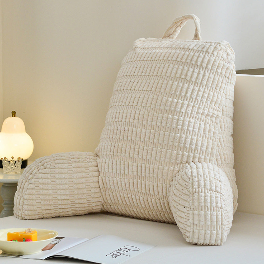 Bedside Backrest Cushion with Armrests Pocket and Washable Cover - Beige