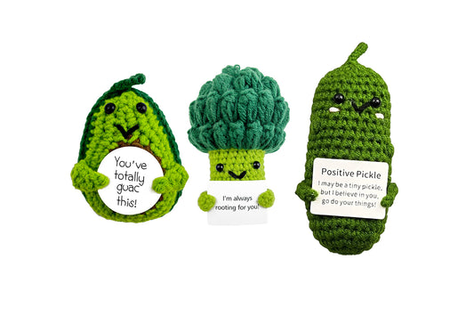 3Pcs Funny Mini Cute Crochet Doll with Positive Card Soft Wool Knitting Toy-Broccoli and Cucumber and Avocados