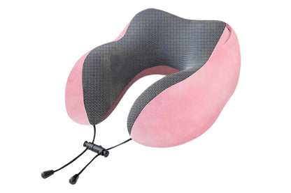 Hooded Travel Pillow with 3D Eye Masks Memory Foam Neck Pillow for Airplane Sleeping-Pink